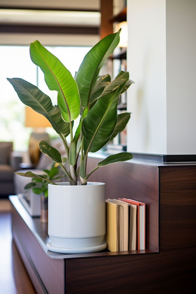 A potted plant on a shelf in a bedroom.