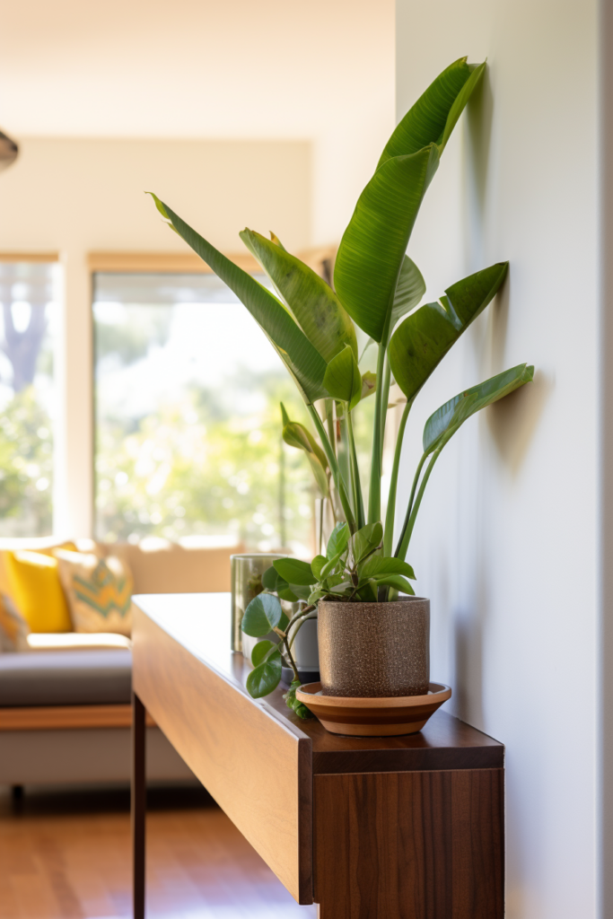 A plant in a living room.