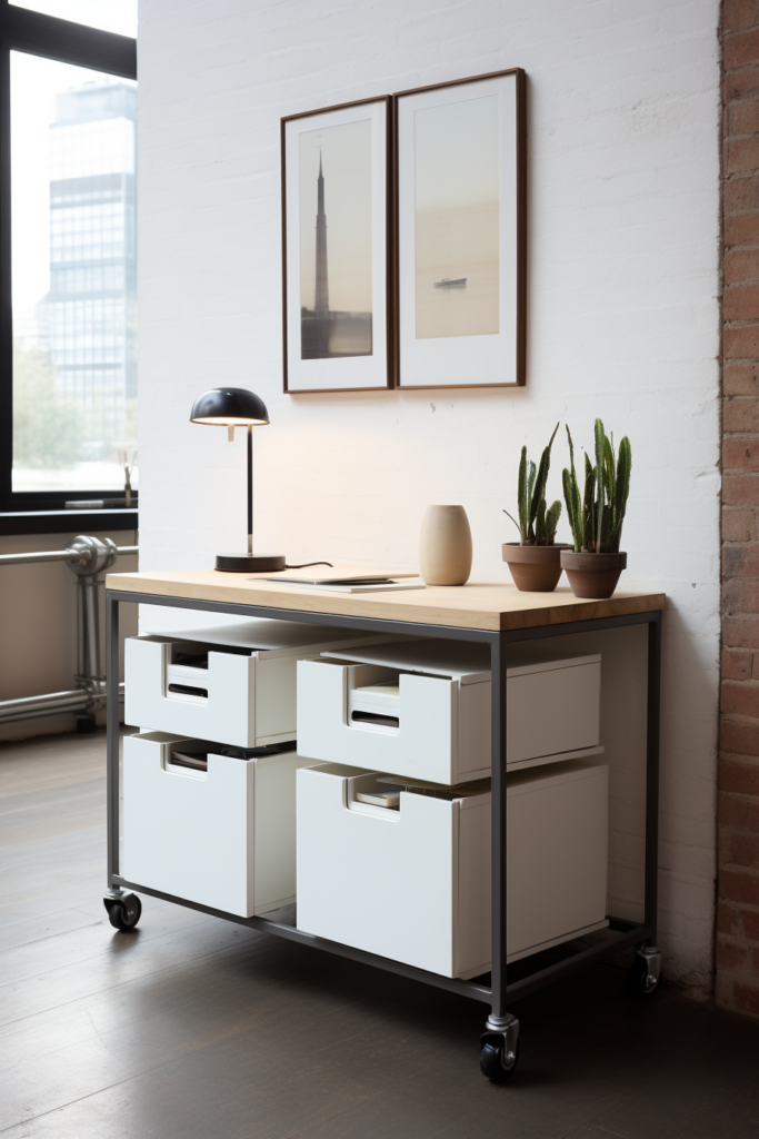 A desk with two drawers, perfect for a home office setup, adorned with a vibrant plant to add a touch of nature to your workspace.