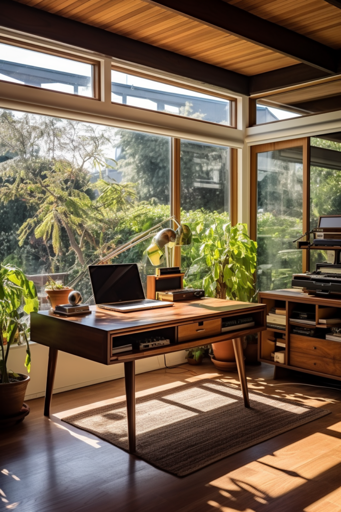 A spacious home office with a large window, providing ample natural light for increased productivity.