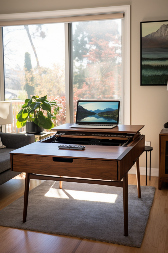 A wooden desk with a laptop on it, perfect for a home office.