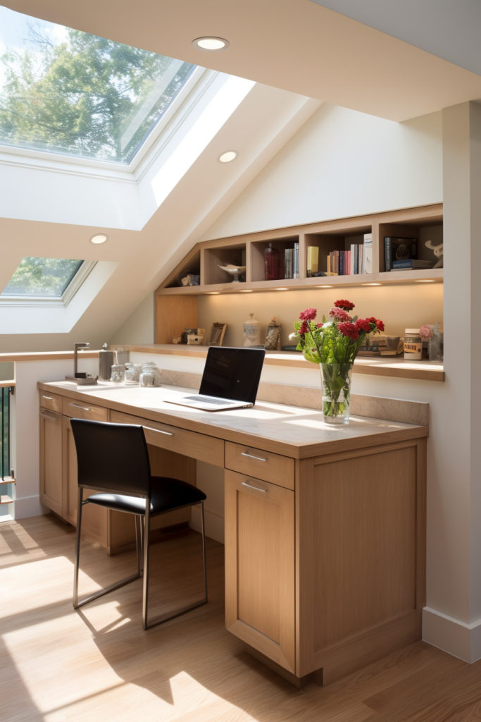 A cozy home office with a skylight for natural lighting.
