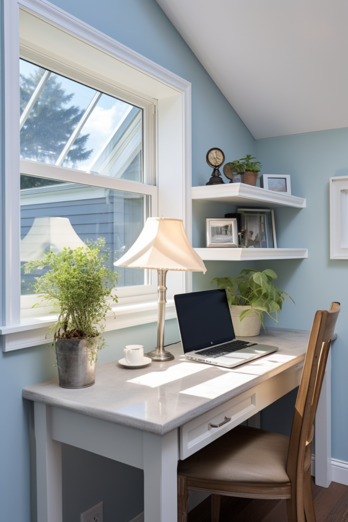 A cozy home office with a laptop and a window, perfect for bedroom ideas.