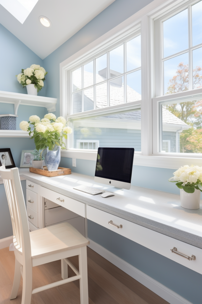 A white desk and chair in a blue home office.