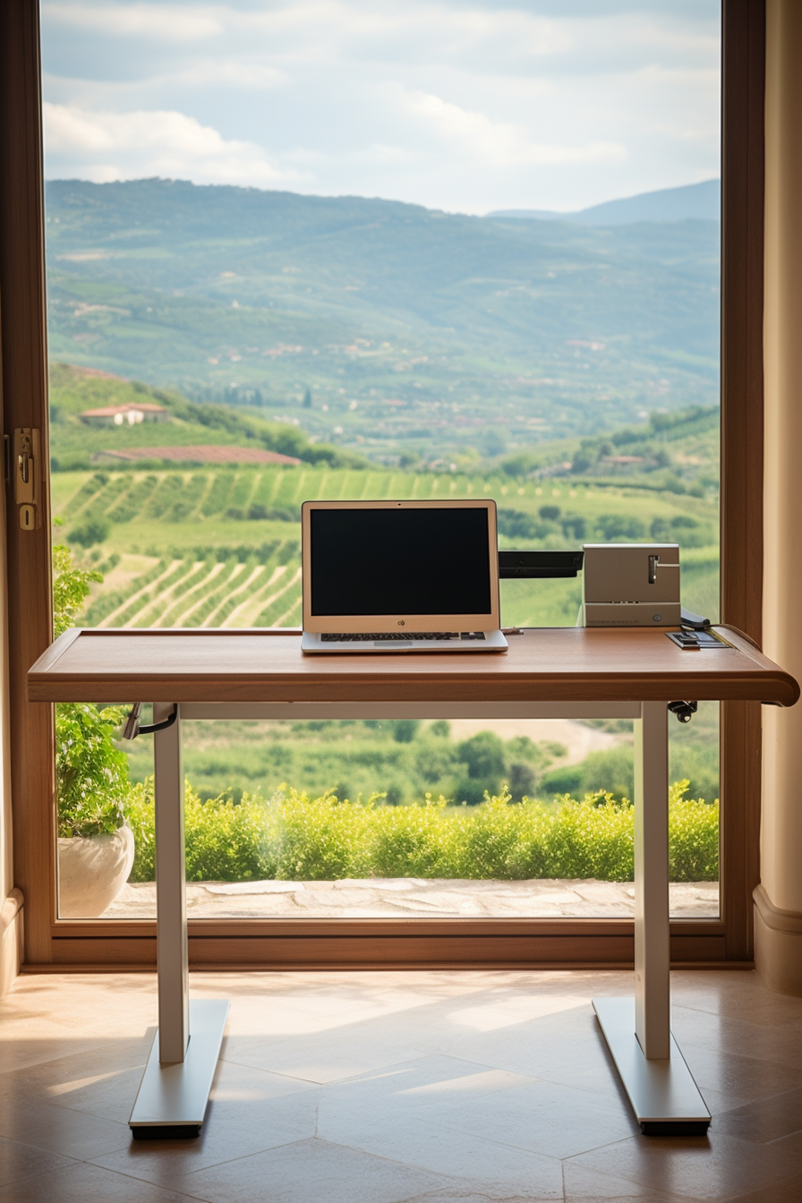 A laptop sitting on a desk in a home office.