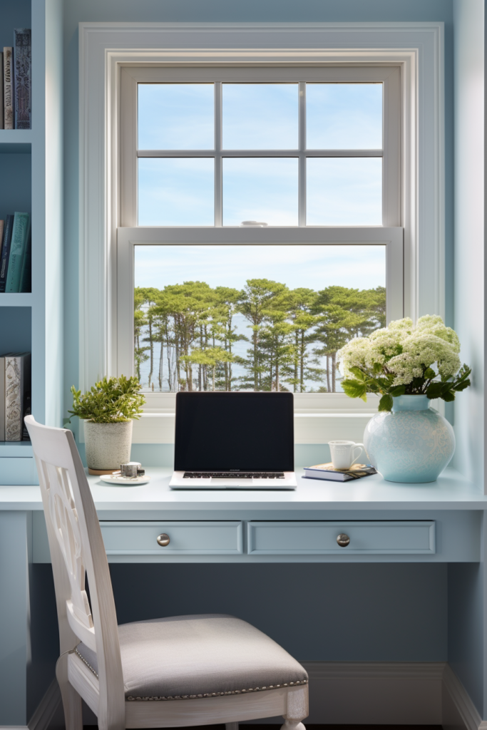 A white desk with a laptop in front of a window, providing inspiration for home office setup ideas.