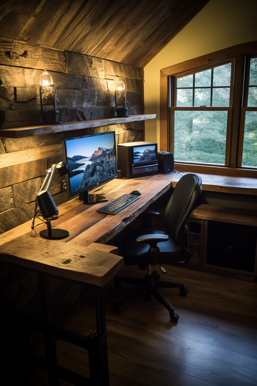 A home office desk in a room with a window.