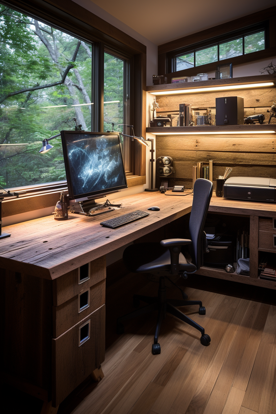 A desk with a computer and a desk lamp, perfect for your home office or bedroom ideas.