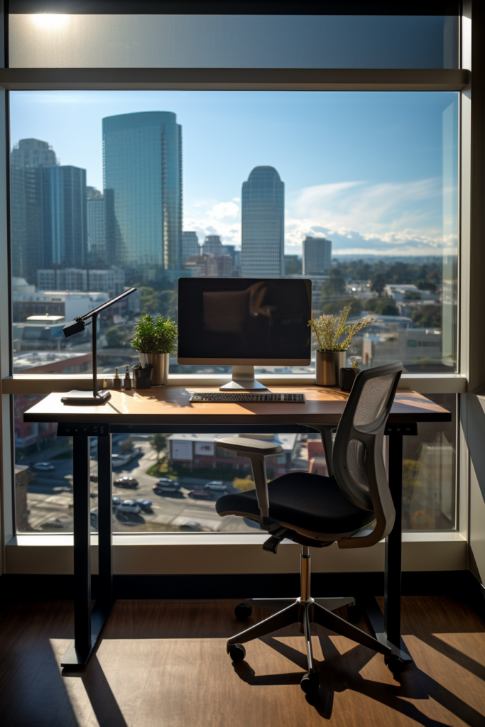 A desk in front of a window with a view of a city, perfect for home office inspiration.