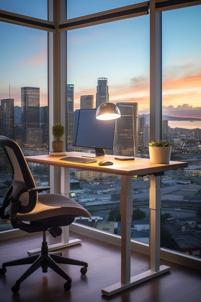 A home office desk with a view of a city.