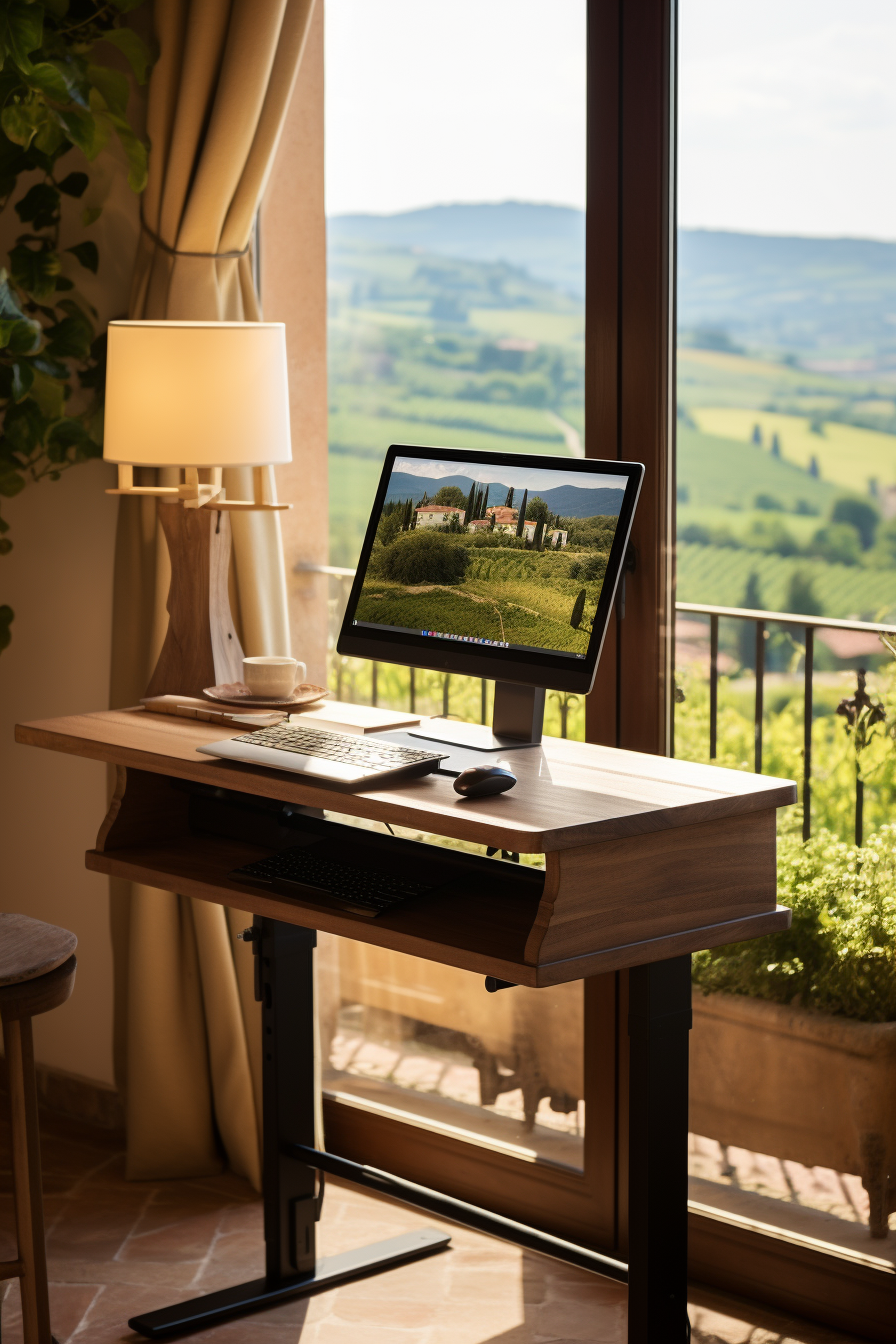 A desk in a bedroom with a view.