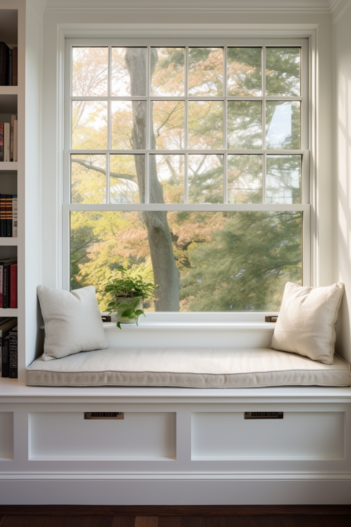 A cozy window seat in a bedroom with bookshelves, perfect for inspiration and relaxation.