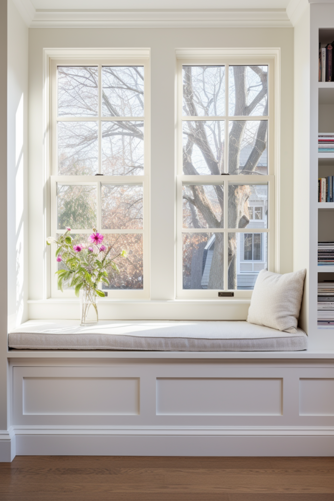 A cozy window seat in a living room with bookshelves, perfect for home office ideas or as a comfy spot in the bedroom.