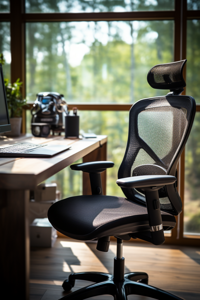 A budget-friendly office chair placed in a home office, positioned conveniently in front of a window.
