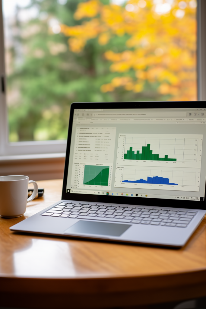 A budget-friendly home office idea: A laptop displaying a graph, placed on a table next to a window.