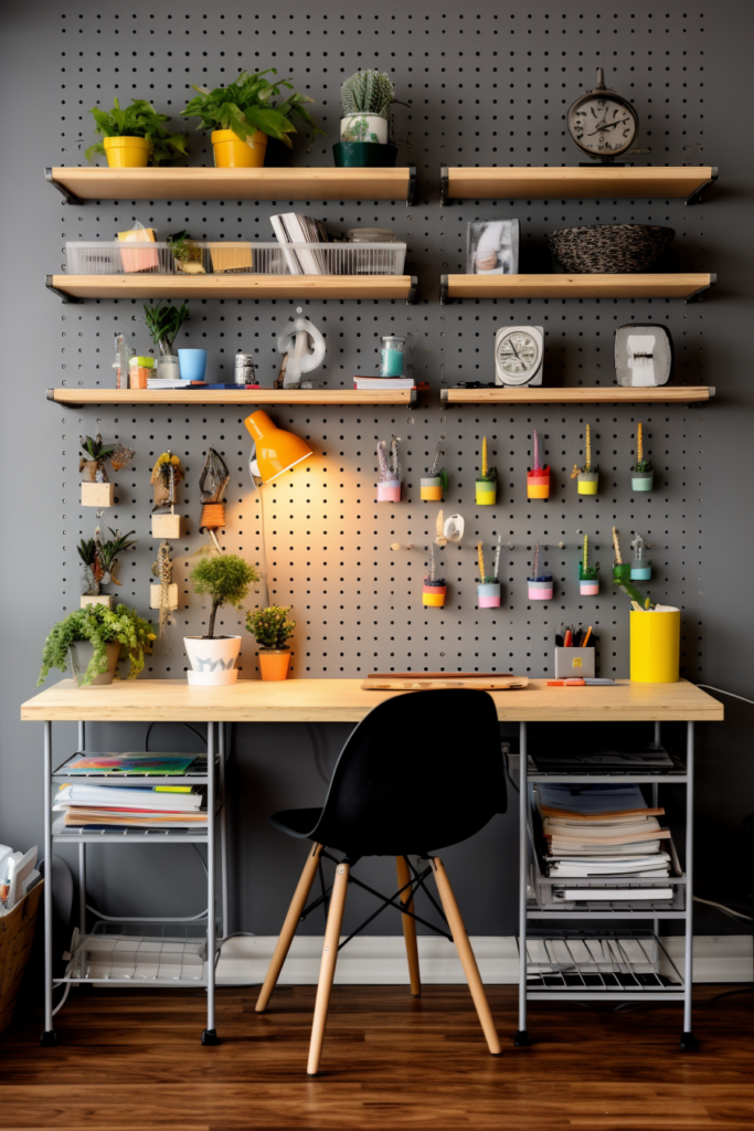 A budget-friendly home office with pegboard shelves and a chair that offers creative ideas for organization.