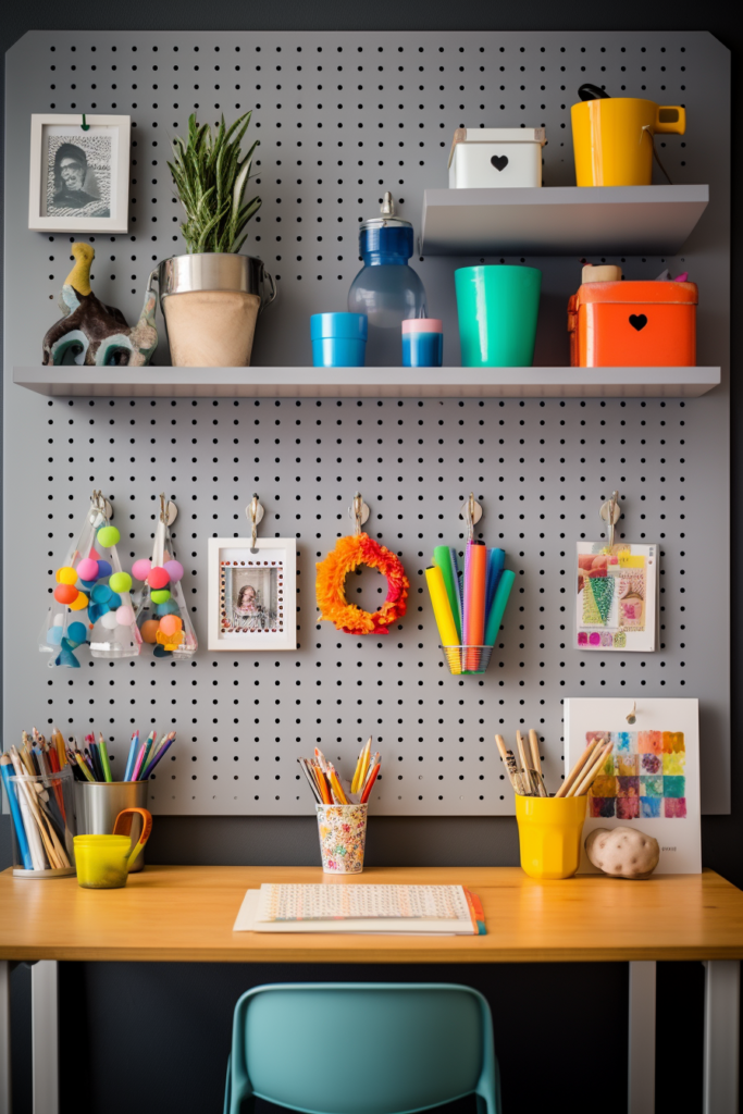 A budget-friendly home office idea featuring a pegboard adorned with desk accessories, such as pens, pencils, and other supplies.