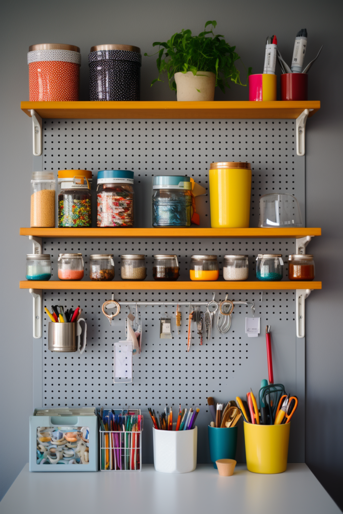 A budget-friendly home office pegboard shelf displaying a variety of items.