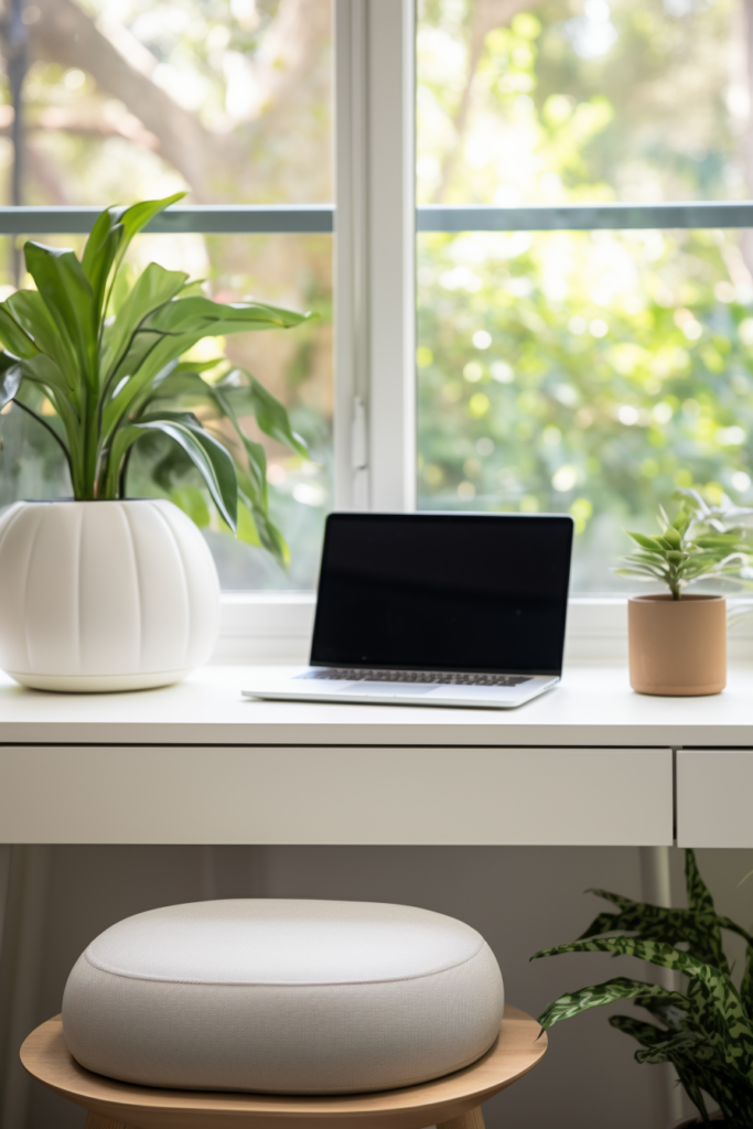 A budget-friendly home office setup with a laptop and a plant positioned in front of a window, offering creative ideas for remote work.