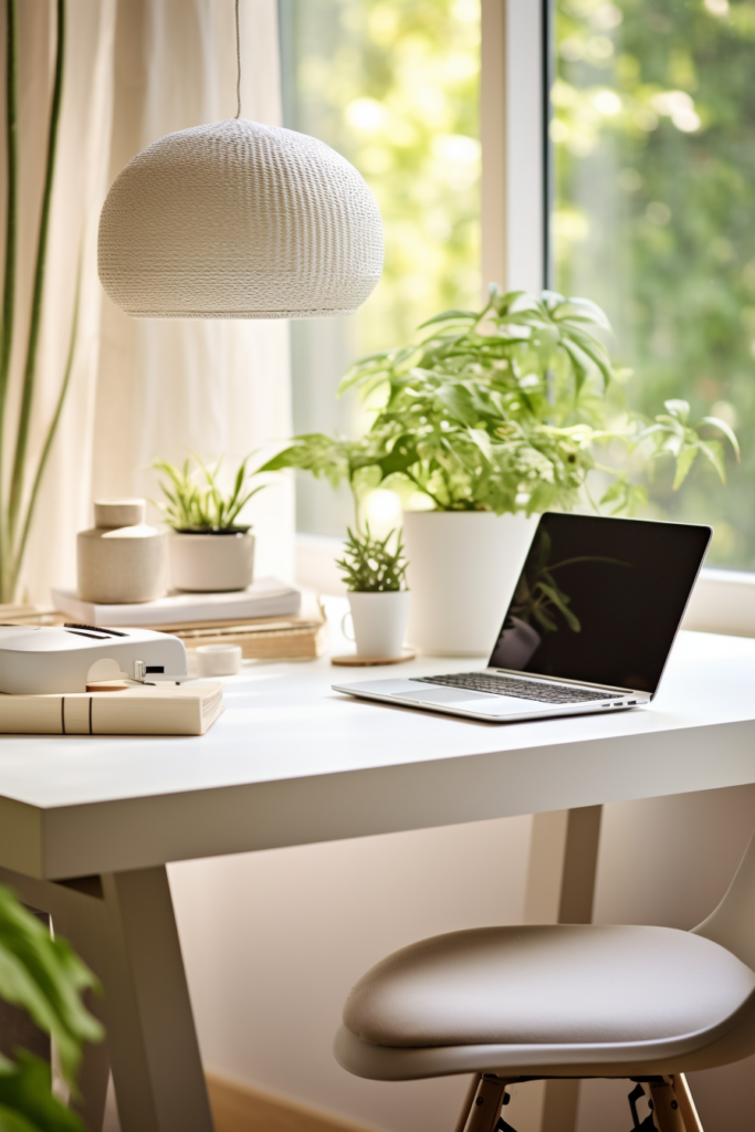 A budget-friendly home office idea featuring a white desk adorned with plants and a laptop, placed strategically in front of a window.