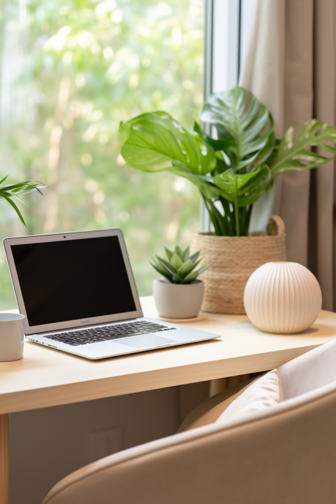 A budget-friendly home office setup with a laptop on a desk, enhanced by the presence of a potted plant near the window.