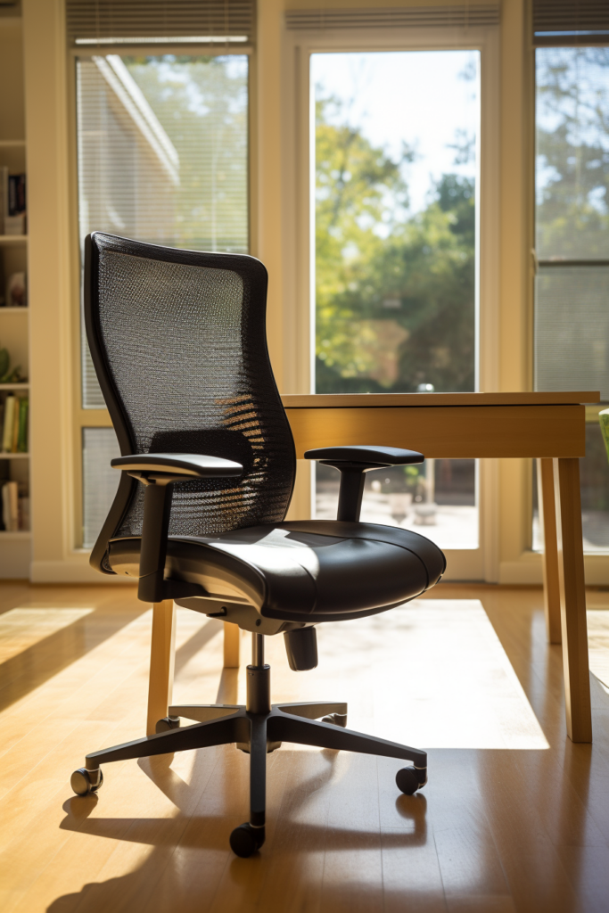A budget-friendly office chair providing a comfortable seating solution for your home office, placed strategically in front of a window to provide inspiration and natural light.