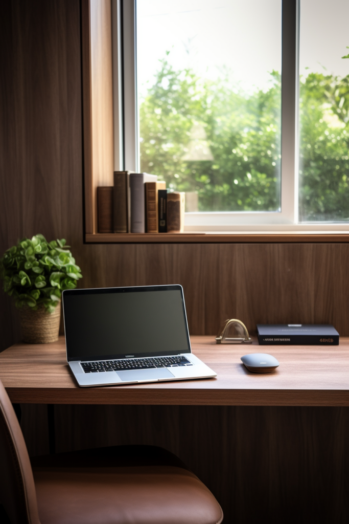 A budget-friendly laptop placed on a wooden desk in a cozy home office with natural lighting from a nearby window.
