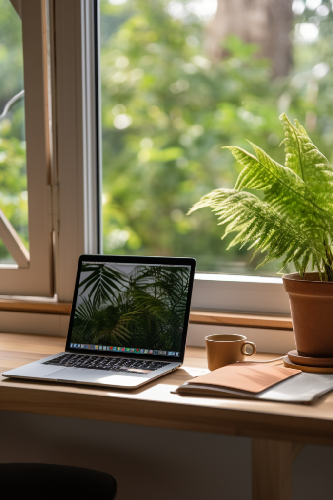 A budget laptop sits on a desk near a window in a home office.