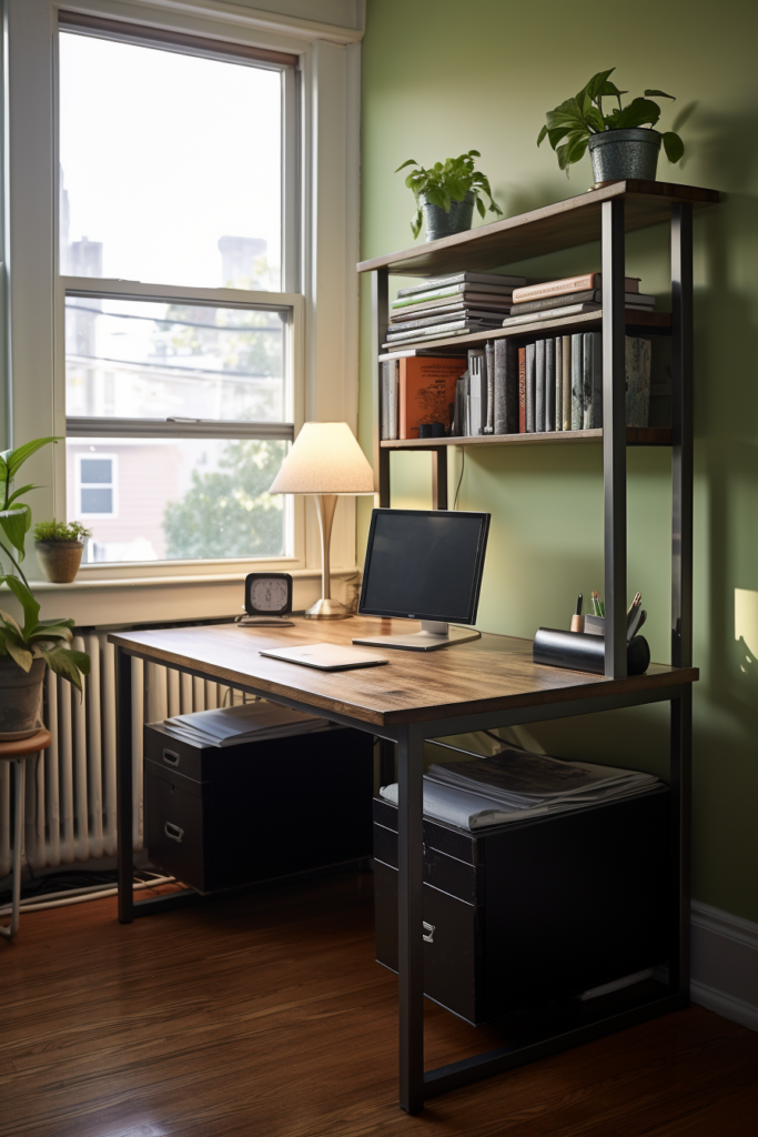 A budget-friendly home office desk positioned near a window in the room.