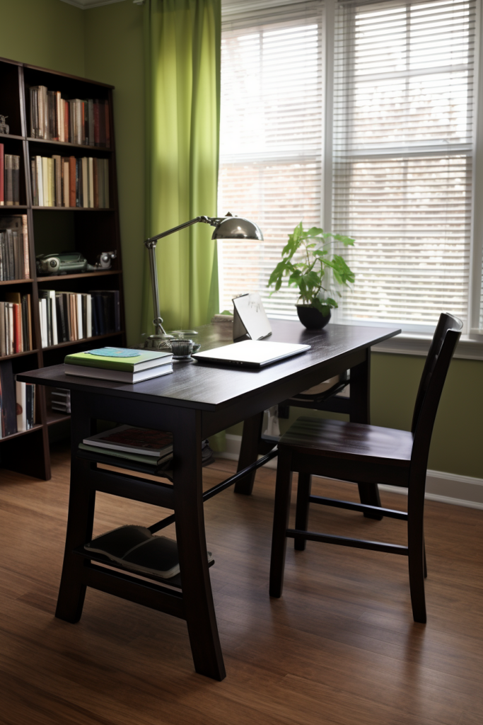 A budget-friendly home office with a wooden desk in the room.