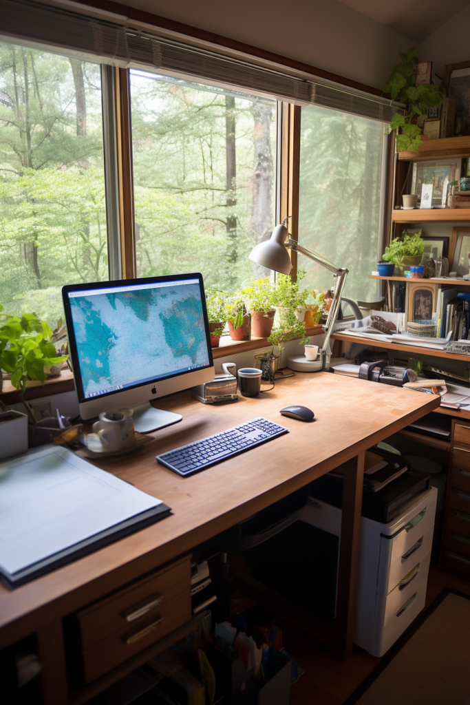 A budget-friendly wooden desk for a home office.