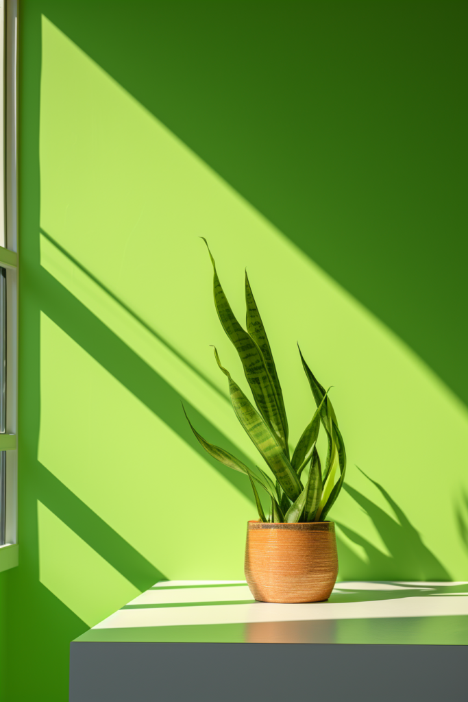 Eco-friendly potted plants sit on the table against a vibrant green wall, enhancing the ambience of the home office.