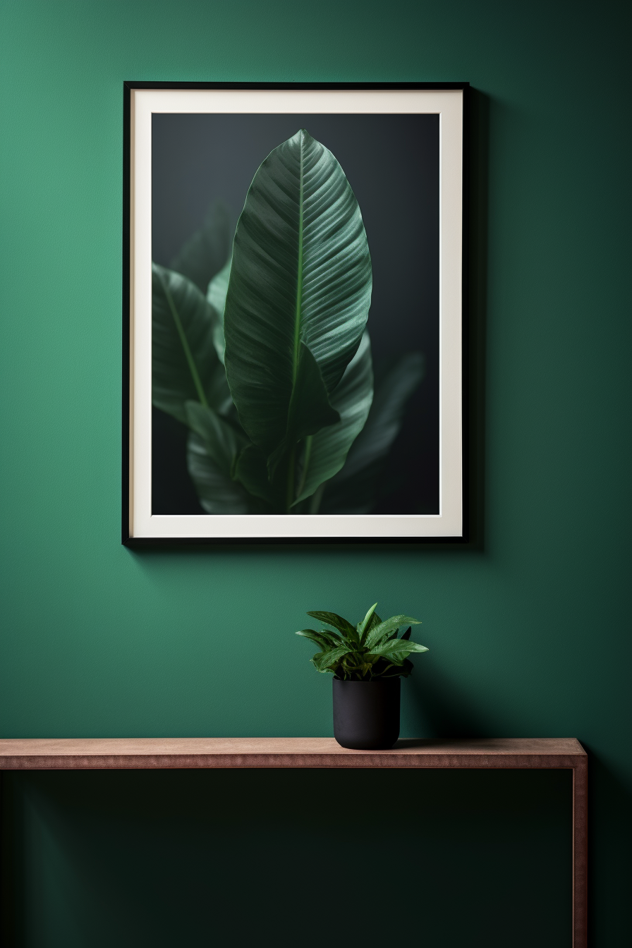 A black and white photo of green leaves hangs on the wall, showcasing eco-friendly design.