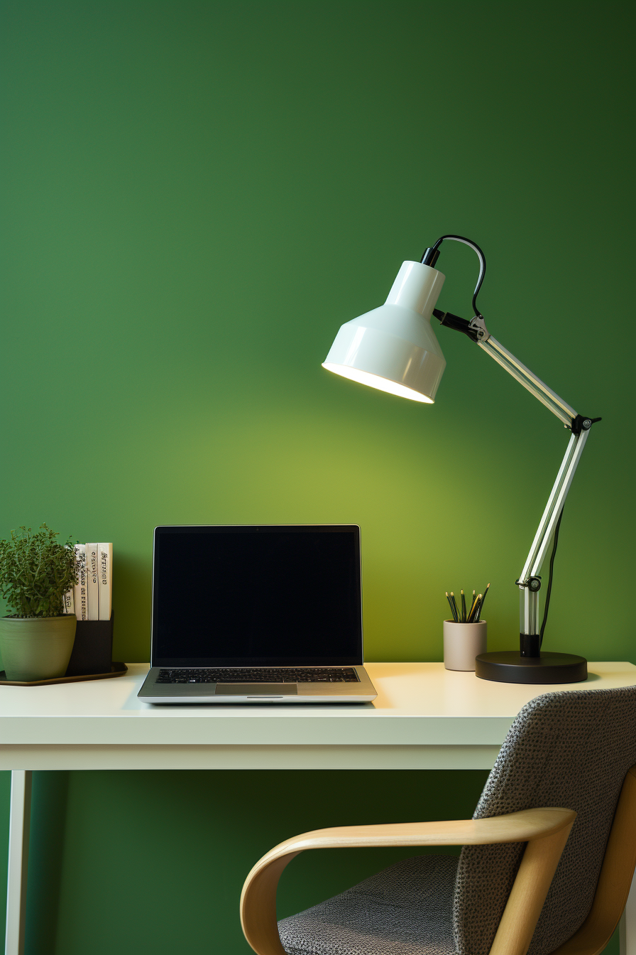 An eco-friendly office desk with a lamp and a laptop.
