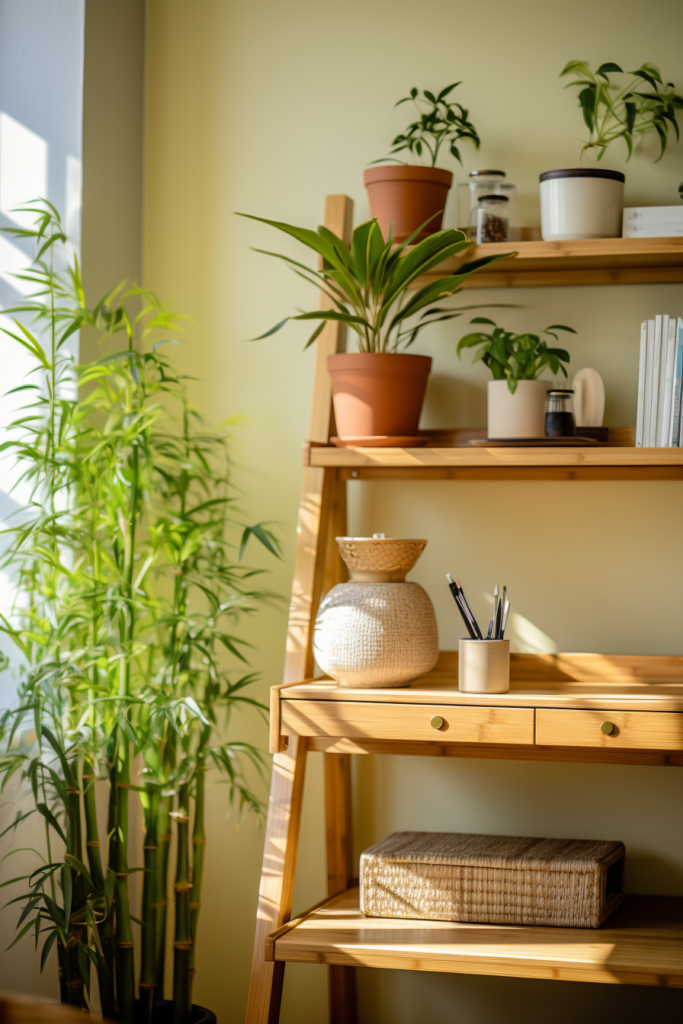 An eco-friendly design featuring a wooden shelf adorned with plants, creating a sustainable workspace or home office green atmosphere.