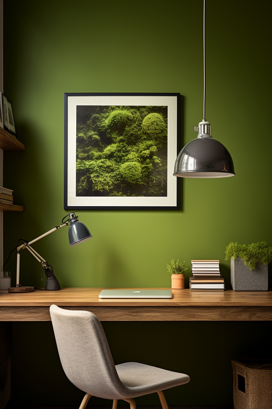 An eco-friendly home office with green walls and a sustainable workspace lamp.