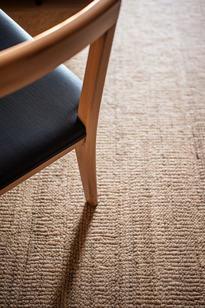 A chair is sitting on a tan carpet in a home office.