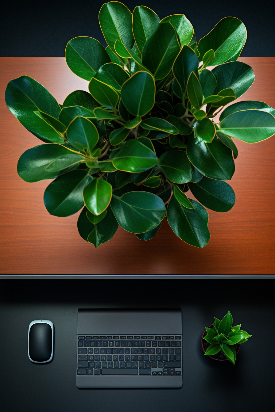 An eco-friendly design featuring a keyboard and a plant on a desk in a sustainable workspace.