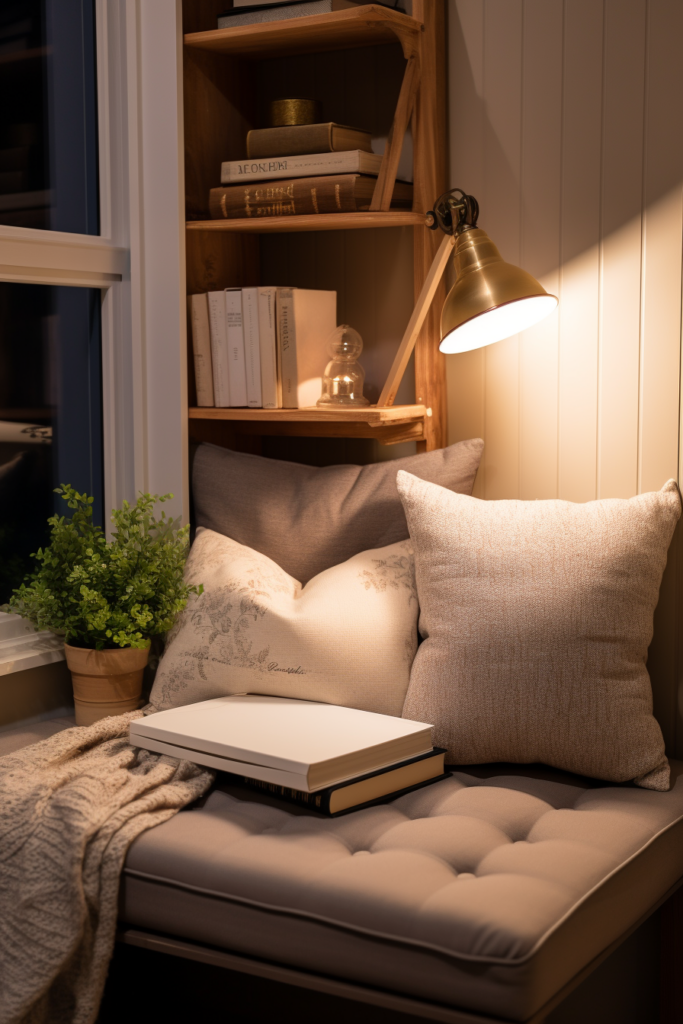 An optimizing home office nook with a book and a lamp