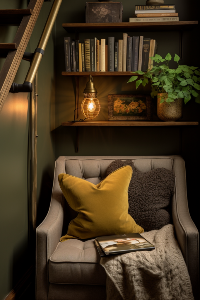 A chair optimally placed next to a bookshelf in a small home office nook.