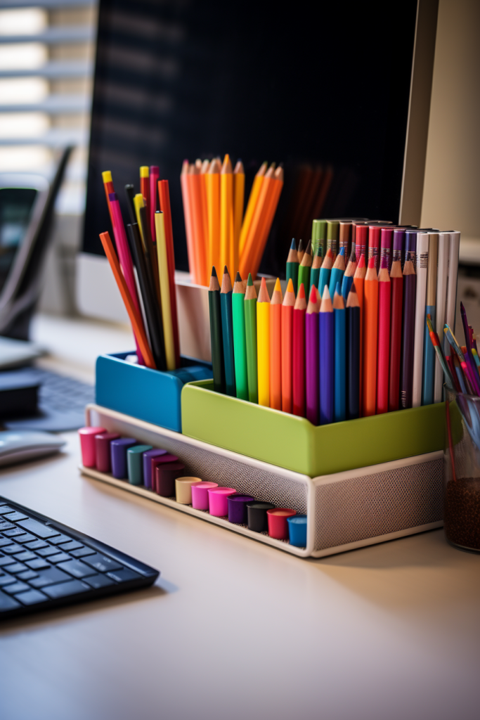 An optimizing colorful pencil holder for small spaces in a home office.