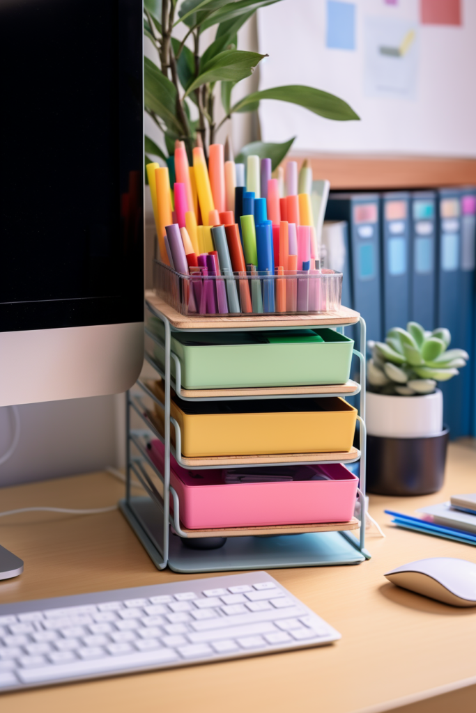 An optimizing stack of pens and pencils on a desk in small spaces or home office nooks.