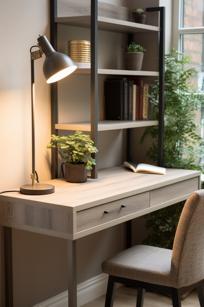 Optimizing small spaces with a desk, lamp, and chair for home office nooks.