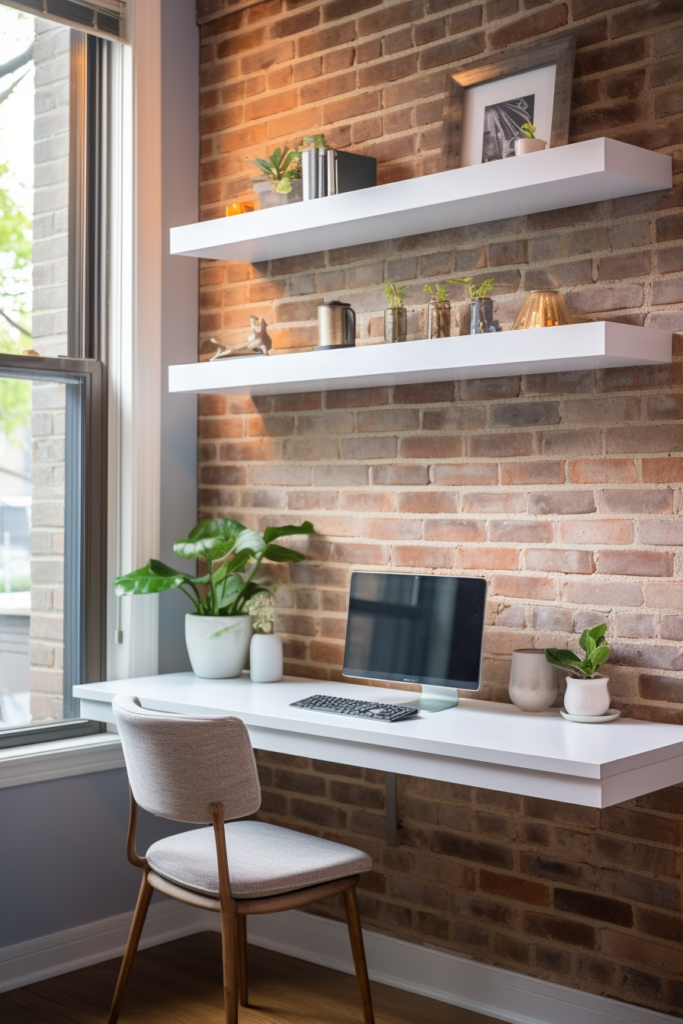 A cozy home office nook with a brick wall and wooden shelves.