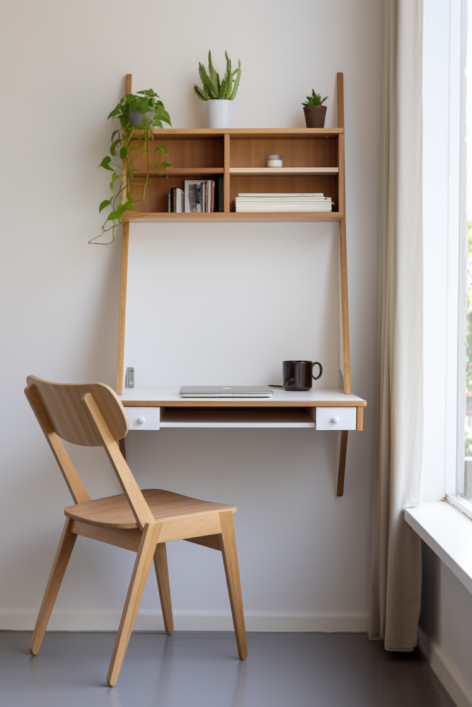 Optimizing a small space, this home office nook features a wooden desk adorned with a plant.