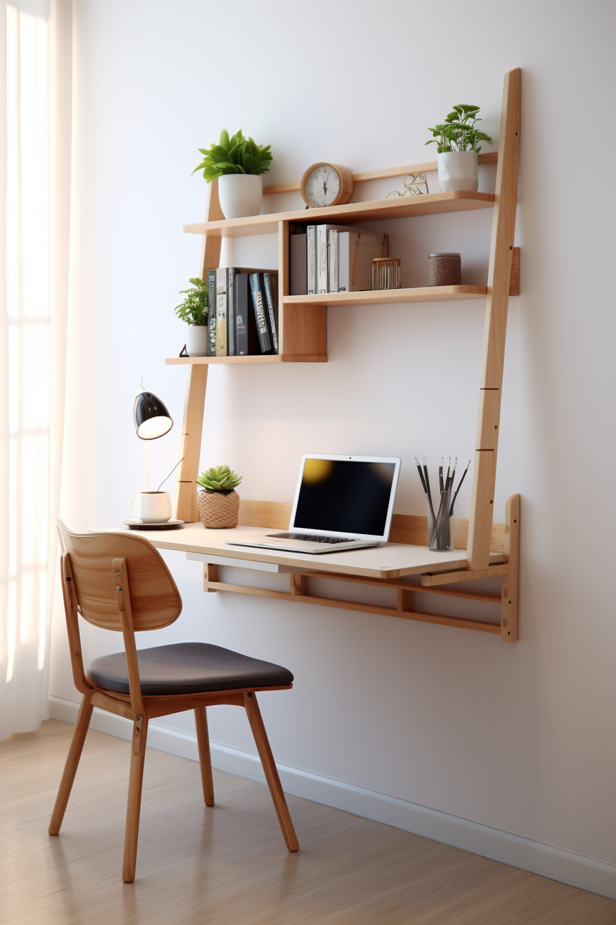 A wooden desk with a chair and a plant on it, perfect for optimizing small home office spaces.