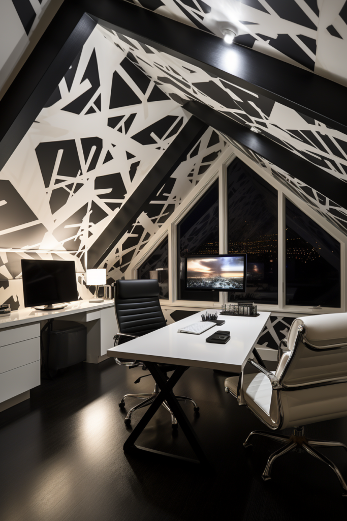 A black and white office nook with a desk and chair, optimized for small spaces.