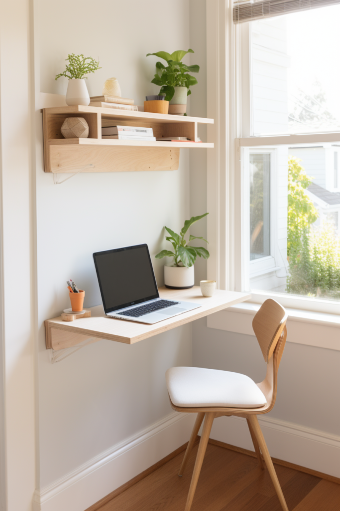 An optimizing home office nook with a laptop and a plant in front of a small window.