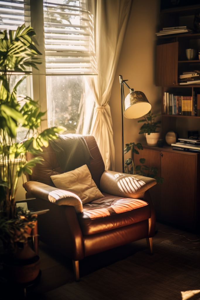 An optimizing brown leather chair in front of a window, perfect for small spaces and home office nooks.
