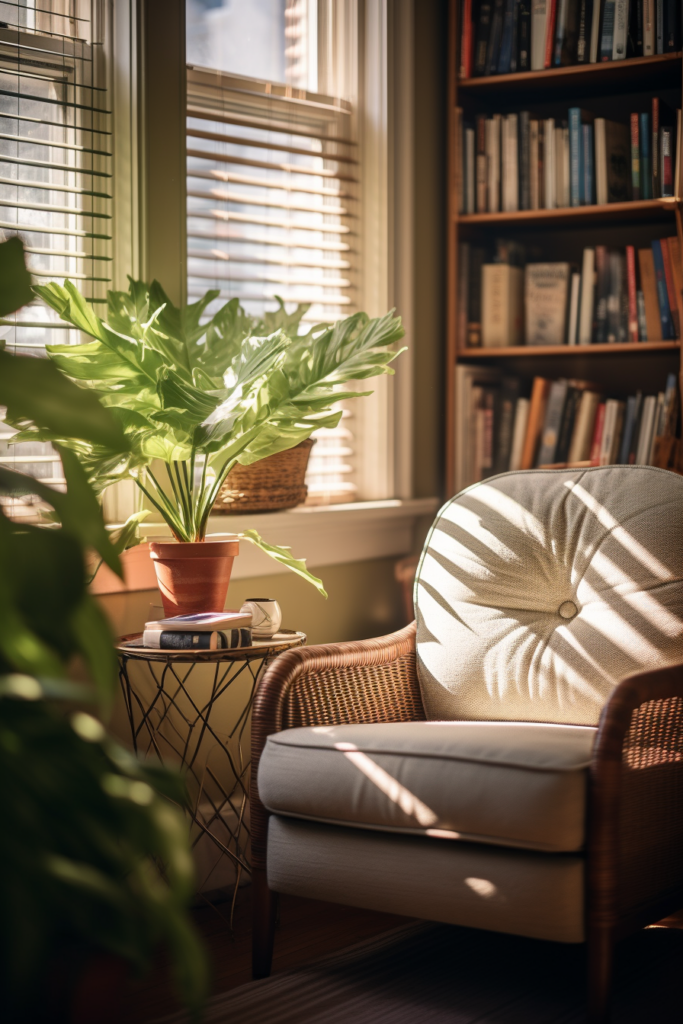 An optimizing home office chair in front of a window with a plant in it.